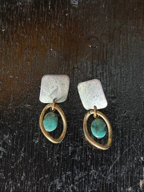 Marjorie Baer Turquoise Accent Drop Earrings in Antique Gold and Silver Vintage